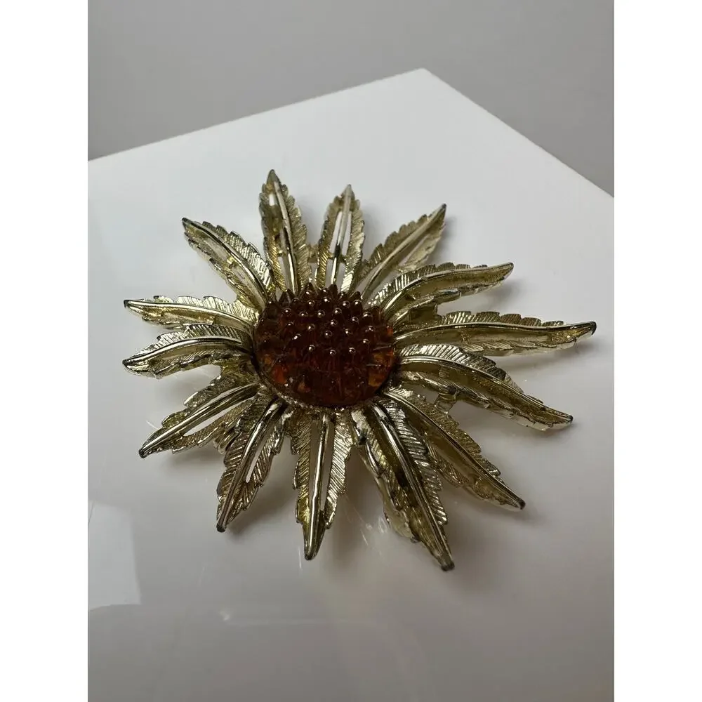 Vintage Sarah Coventry Large Floral Sunflower Brooch Burst 2.5
